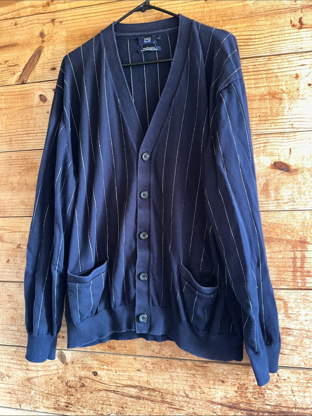 Lincs David Chu Navy Pinstripe V‑Neck Cardigan